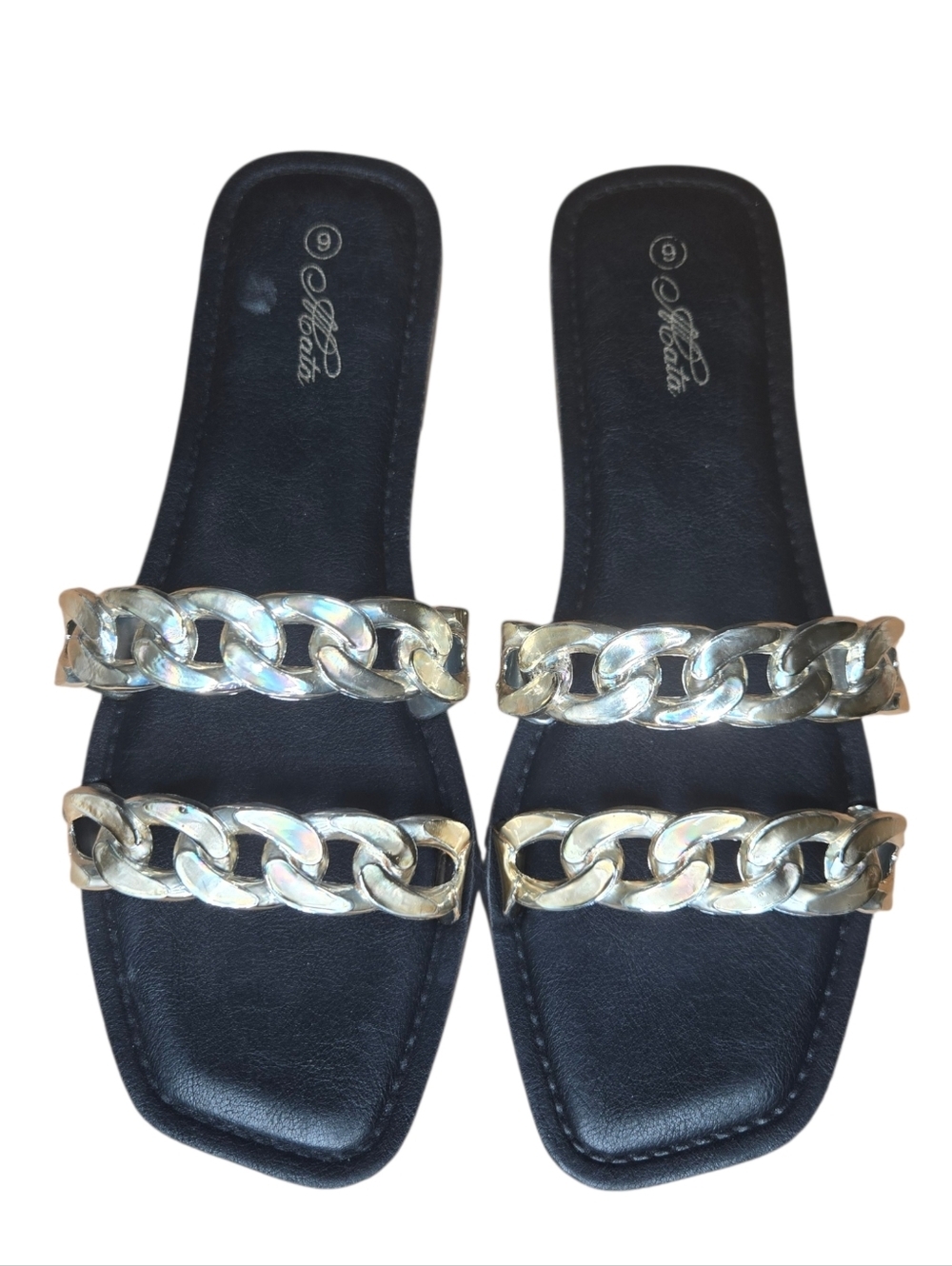 Alcata Womens Womens Black Gold Chain Link Double Strap Flat Slide Sandals 9